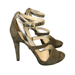 Jimmy Choo Green Suede Sandals Strappy Metallic Ankle Strap Platform Heels 36.5